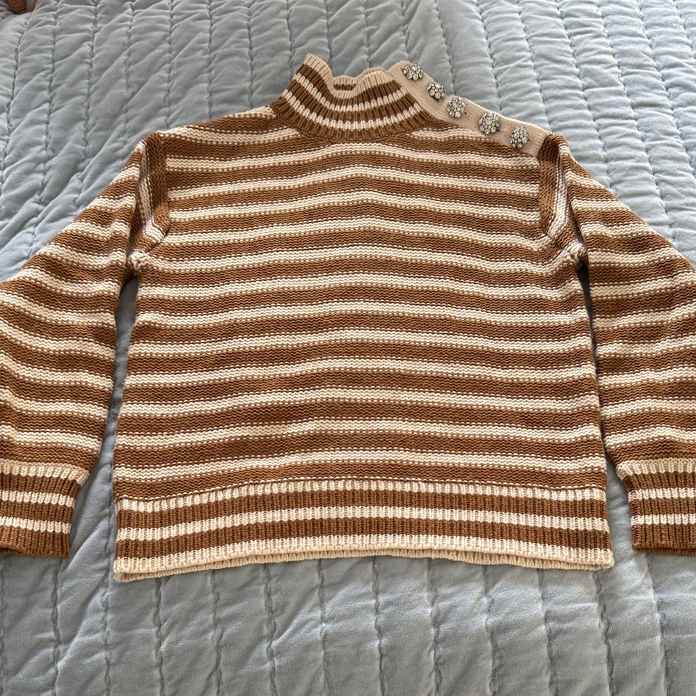 J Crew Cable-knit mockneck sweater in stripe with jewel buttons size S NWOT